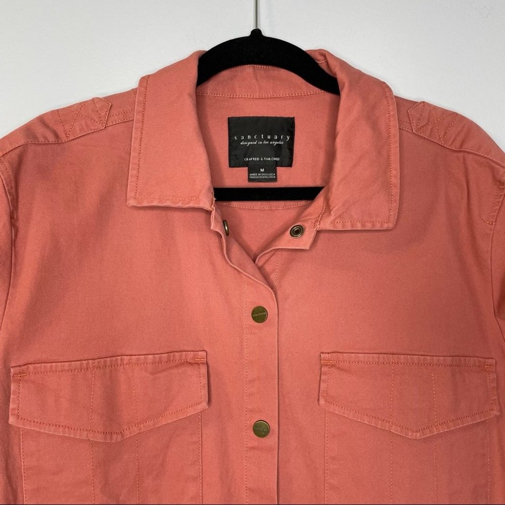 Sanctuary Dusty Rose Frayed Hem Snap Down Jean Shirt Jacket - Picture 2 of 8